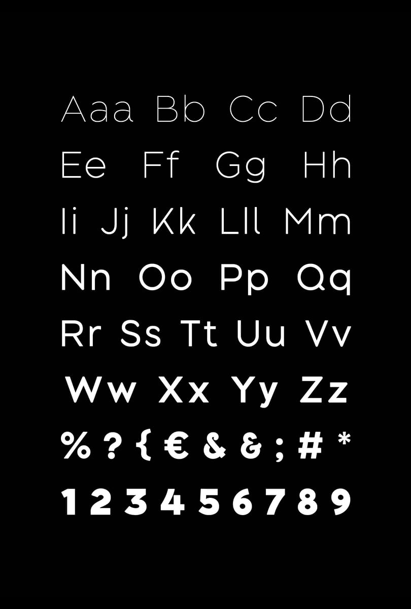 'A,b,c,d...' font type specimen in different weights of 'Blacksans'. White text on a black background.